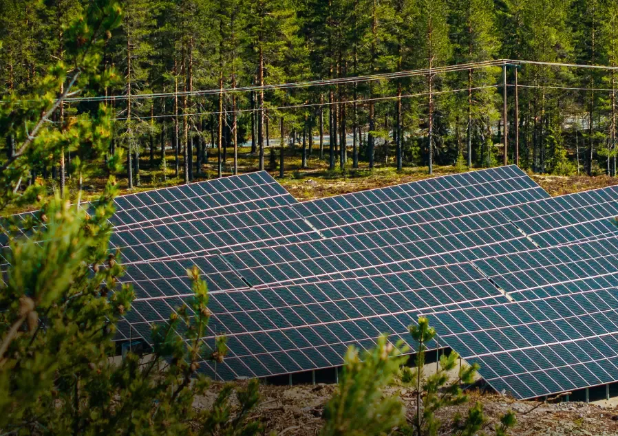 Rows of ground-mounted solar panels in open countryside